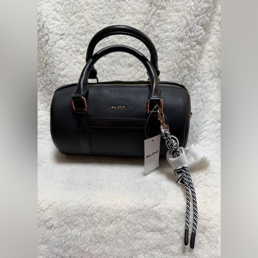 NEW ALDO Odze Top Handle Barrel Bag in Black Faux Leather w/Gold Tone Hardware